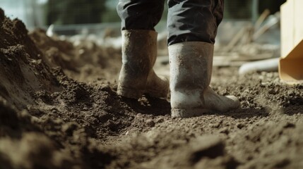Construction worker leveling ground for a building foundation. Featuring earth preparation and foundation work