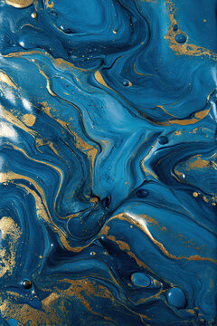 Liquid marble texture in sapphire blue and gold, metallic gloss, abstract expressionism