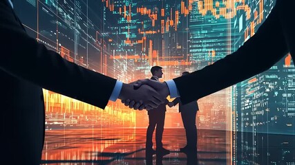 Two businessmen shaking hands in a futuristic cityscape, with vibrant data visuals in the background - Powered by Adobe