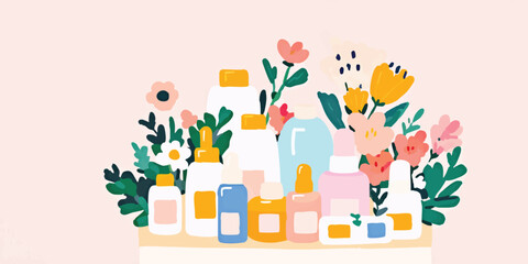 A serene arrangement of colorful cosmetic bottles and containers, artfully set amidst an array of vibrant floral blooms and fresh green leaves. A perfect blend of beauty, nature, and well-being.