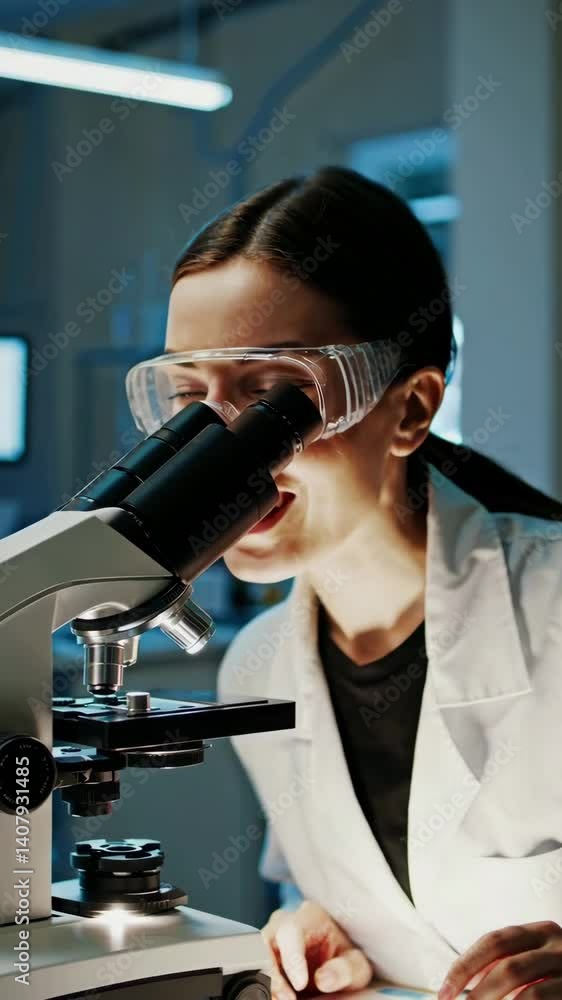 Poster scientist examining samples under microscope with excitement in laboratory