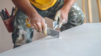 Hispanic drywall installer cutting drywall for ceiling installation. Featuring drywall installation and precision cutting