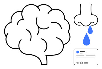 Outlined brain, dripping nose, and social post elements promote mental health, allergies, and public engagement. Ideal for health awareness, neurosciences, education, allergies awareness campaigns
