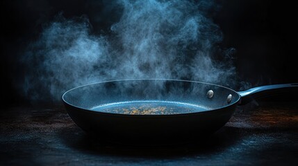 Steaming pan, dark kitchen, food preparation, smoky background, culinary