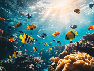 Naklejka premium Vibrant coral reef exploration underwater paradise marine life tropical ocean immersive view biodiversity wonders