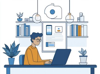 Minimalist Line Art Laptop Work Smartphone Screen Illustration