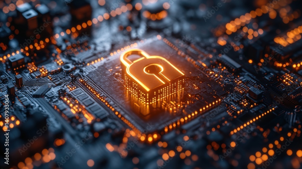 Fototapete encrypted data breach alert cybersecurity vulnerability concept,digital lock symbol,binary code surrounding 3d rendering,stock image