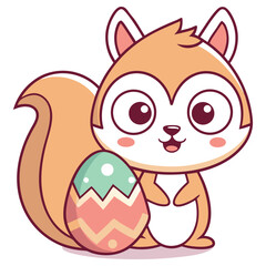 Cartoon Smiling Squirrel Holding Easter Egg on Transparent Background Isolated