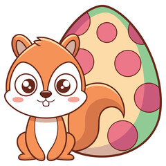Cartoon Squirrel with Polka Dot Egg Design on White Background