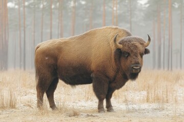 Fototapeta premium Bison stands majestically in a misty forest during early morning light in a serene natural habitat