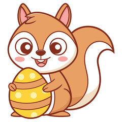 Cartoon Squirrel Holding Yellow Easter Egg, Outlined Cute Design, Isolated
