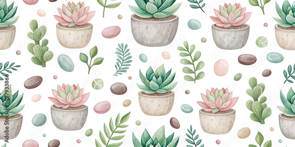 Poster a vibrant pattern featuring various succulents in pots, complemented by stones and leaves on a white