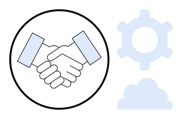 Shaking hands within a circle beside gear and cloud icons signifying teamwork, technology, partnership. Ideal for collaboration, innovation, business, networking, strategy solution trust. Flat