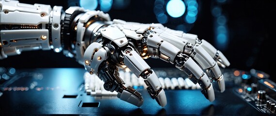 Robotic Hand Interacting With Circuit Board in Futuristic Setting. The image conveys innovation, technology, and the precision of artificial intelligence engineering.