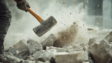 Demolition worker breaking concrete with a sledgehammer. Featuring strength and precision