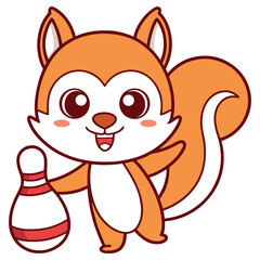Cartoon Squirrel with Bowling Pin on White Background,