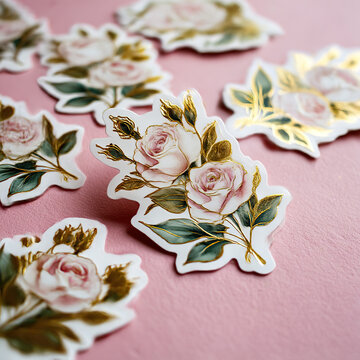 Vintage botanical stickers with watercolor roses and gold foil accents, pastel pink background