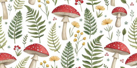 A vibrant pattern featuring red mushrooms and green ferns, alongside colorful wildflowers, creating a whimsical and natural design.