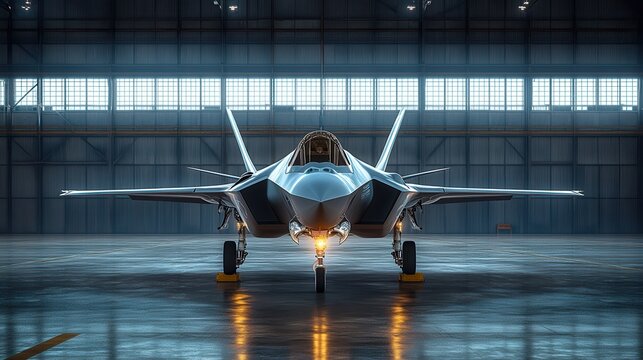 f 35 lightning ii jet a sleek military aircraft poised in a modern hangar showcasing advanced design,technology in aerospace engineering,stock image