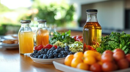 Healthy outdoor breakfast buffet with fruit juices
