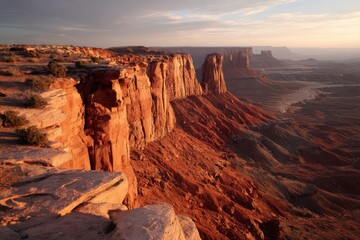 Twilight bathes layered red sandstone cliffs in warm light, creating dramatic shadow gradients across the expansive desert landscape.