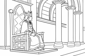 Coloring Pages, A wise King is sitting on a throne, colorless, colorless, black and white