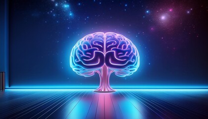 futuristic neon brain on minimalist background in empty room with starry sky