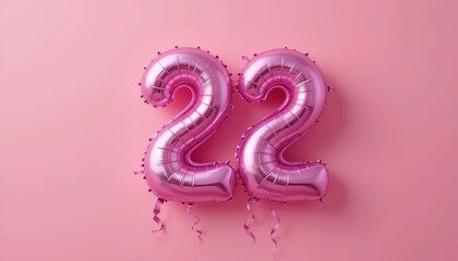 balloon in a shape of number 22 on pink background for birthday celebration.