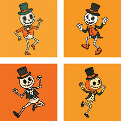 Halloween Cartoon Skeletons With Top Hats Dancing On Orange Background Tile Set
