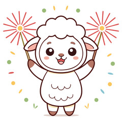 Smiling Cartoon Sheep Holding Sparklers, White Wool, Happy, Celebration, Cute