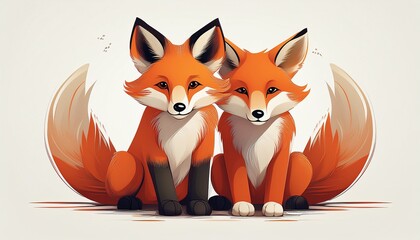 Obraz premium two foxes sitting together and looking at the camera cute animal a simple flat illustration with minimal details and white background