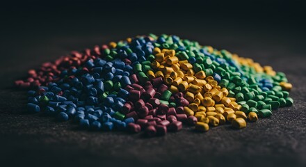 Fototapeta premium Vibrant Spectrum of Plastic Polymer Pellets: A Close-Up View of Colorful Resin Granules for Manufacturing