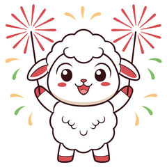 Cartoon Sheep Celebrating with Sparklers on White Background, Festive