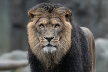 Fototapeta premium Majestic lion gazes intently during a calm afternoon at the wildlife sanctuary