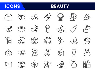 Elegant vector line icons featuring beauty and spa essentials—lotions, candles, facial masks, and flowers. Ideal for wellness, relaxation, skincare, or self-care themed digital content.