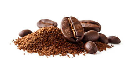 A pile of coffee beans and coffee grounds. The coffee beans are spread out, and the coffee grounds are piled on top of them