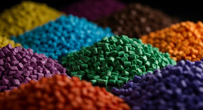 Vibrant Spectrum of Plastic Polymer Pellets: A Close-Up View of Colorful Resin Granules