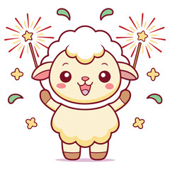 Cartoon Sheep Celebrating With Sparklers on Isolated White Background, Cute Design