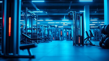 Fototapeta premium Exercise Equipment Inside a Fitness Center with Blue Lighting