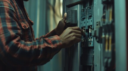 Hispanic electrician checking circuit breakers in a utility room. Featuring electrical maintenance and home safety