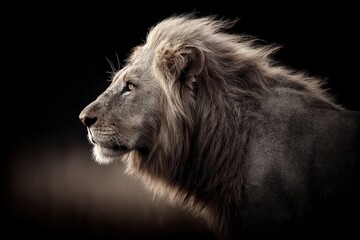 Obraz premium Majestic lion gazing into the distance with a thick mane and intense eyes in a dark setting