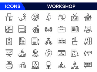 Fototapeta premium Clean and minimal web line icon set illustrating workshop themes—tools, gears, workbenches, and hands-on training. Ideal for education, DIY, repair, and learning platforms.