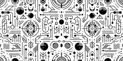 A seamless pattern in minimal flat design, pattern, clean bold outlines, white background with geometric futuristic shapes, evenly spaced and tileable