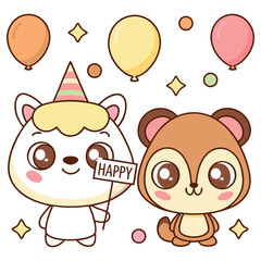 Cartoon Animal Party Celebration with Balloons, Sparkles, and Happy Sign Design