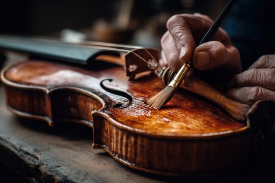 A skilled artisan meticulously applies warm, traditional violin varnish using a cotton pad, showcasing the craft's detail and heritage.