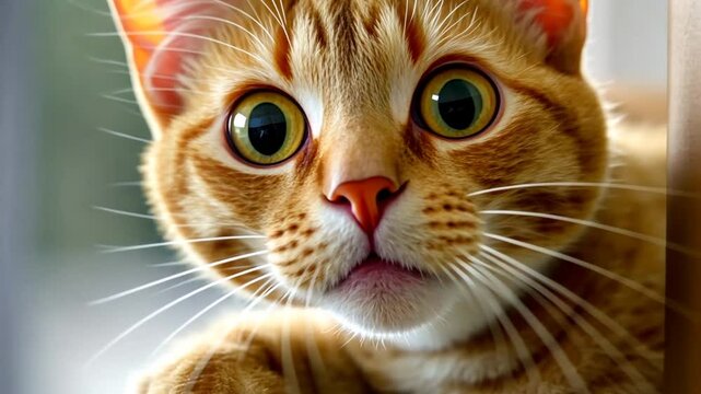 Close-up of an inquisitive orange tabby cat peering through a window, showcasing its curious expression