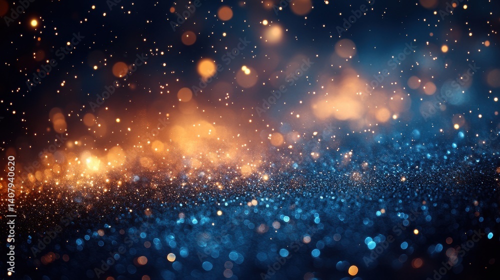 Aufkleber fond lumineux abstrait avec des bokeh dores et bleus dans l obscurite representant la magie et l illumination effets lumineux noel fetes de fin d annee decembre janvier,stock photo