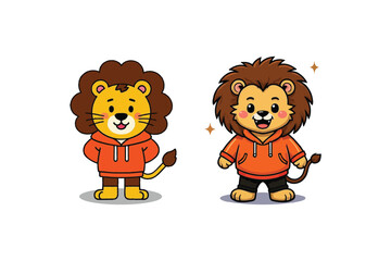 Fototapeta premium Hoodie Lion Duo: A Pair of Cartoon Lion Characters in Orange Hoodies, Ideal for Mascot Design or Youth-Oriented Creative Projects.