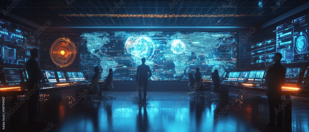 Poster high-tech control room with analysts monitoring data