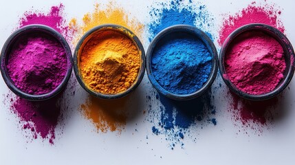 four bowls filled,vibrant holi powder in various colors on a white background transparent,photo stock